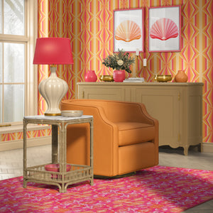 Deco Prism wallpaper by Liberty James Studio in orange, art deco wave stripes in a home office