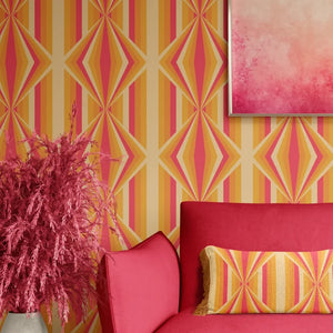 Deco Prism wallpaper by Liberty James Studio in orange, art deco wave stripes in a living room