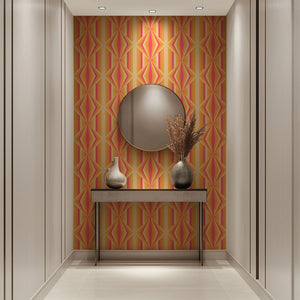 Deco Prism wallpaper by Liberty James Studio in orange, art deco wave stripes in a hallway