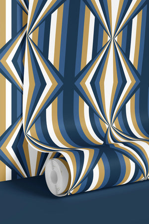 Deco Prism wallpaper by Liberty James Studio in teal and gold, sample roll showing art deco wave stripes