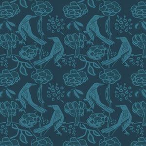 Chattering of Choughs wallpaper by Annika Reed in teal, full repeat of choughs among leaves