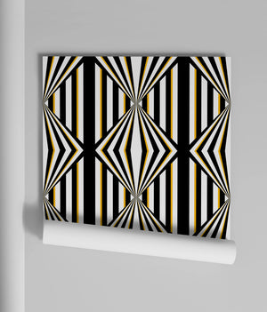 Deco Prism wallpaper by Liberty James Studio in black and gold, partly unrolled roll showing art deco wave stripes