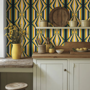 Deco Prism wallpaper by Liberty James Studio in yellow and green, art deco wave stripes in a kitchen