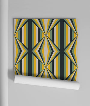 Deco Prism wallpaper by Liberty James Studio in yellow and green, sample roll showing art deco wave stripes