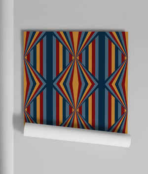 Deco Prism wallpaper by Liberty James Studio in multicolour, roll showing art deco wave stripes