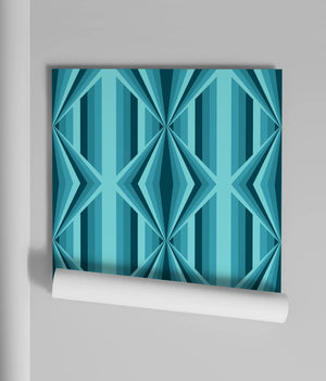 Deco Prism wallpaper by Liberty James Studio in teal, sample roll showing art deco wave stripes