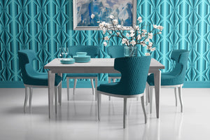 Deco Prism wallpaper by Liberty James Studio in teal, art deco wave stripes in a dining area