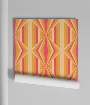 Deco Prism wallpaper by Liberty James Studio in orange, roll showing art deco wave stripes