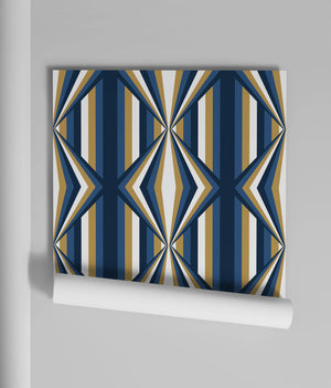 Deco Prism wallpaper by Liberty James Studio in teal and gold, roll showing art deco wave stripes