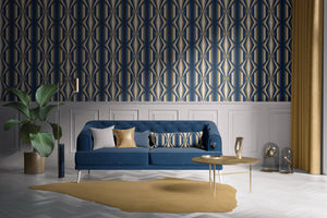 Deco Prism wallpaper by Liberty James Studio in teal and gold, art deco wave stripes in a living room