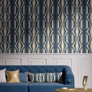 Deco Prism wallpaper by Liberty James Studio in teal and gold, art deco wave stripes on a living room wall