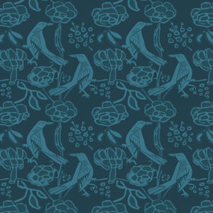 Chattering of Choughs linen by Annika Reed in teal, full repeat of choughs among leaves