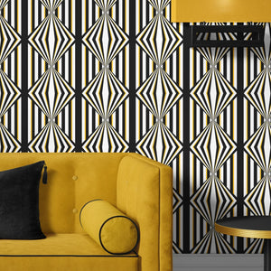 Deco Prism wallpaper by Liberty James Studio in black and gold, art deco wave stripes on a living room wall