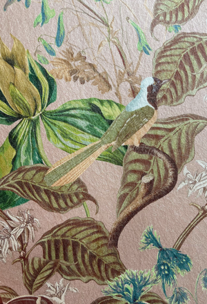 Aviary Isle wallpaper by Deus ex Gardenia in pink, close-up of birds among island flowers