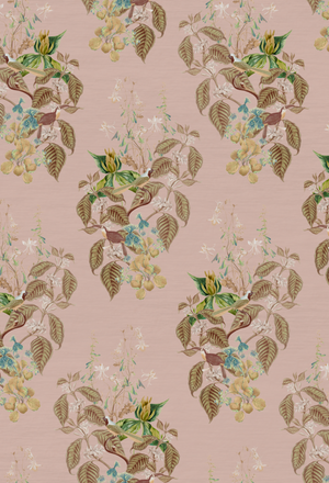 Aviary Isle wallpaper by Deus ex Gardenia in pink, full repeat of birds among island flowers