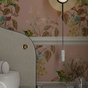 Aviary Isle wallpaper by Deus ex Gardenia in pink, birds among island flowers in a hallway