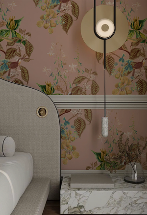 Aviary Isle wallpaper by Deus ex Gardenia in pink, birds among island flowers in a hallway