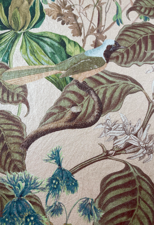 Aviary Isle wallpaper by Deus ex Gardenia in beige, close view of birds among island flowers