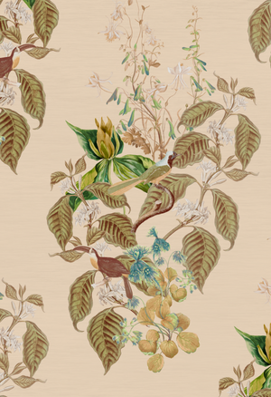 Aviary Isle wallpaper by Deus ex Gardenia in beige, pattern detail of birds among island flowers
