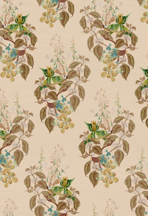 Aviary Isle wallpaper by Deus ex Gardenia in beige, flat sample of birds among island flowers