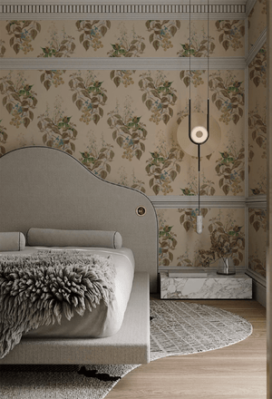 Aviary Isle wallpaper by Deus ex Gardenia in beige, birds among island flowers in a bedroom