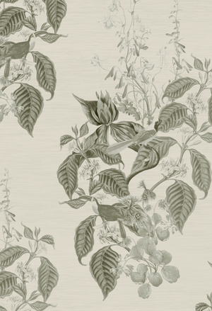 Aviary Isle wallpaper by Deus ex Gardenia in grey, pattern sample of birds among island flowers