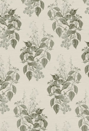 Aviary Isle wallpaper by Deus ex Gardenia in grey, full repeat of birds among island flowers