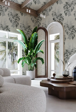 Aviary Isle wallpaper by Deus ex Gardenia in grey, birds among island flowers on a living room wall