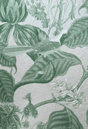 Aviary Isle wallpaper by Deus ex Gardenia in green, detail of birds among island flowers