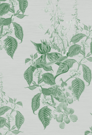 Aviary Isle wallpaper by Deus ex Gardenia in green, pattern sample of birds among island flowers