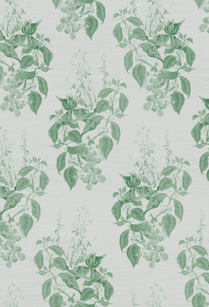 Aviary Isle wallpaper by Deus ex Gardenia in green, flat sample of birds among island flowers