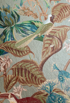 Aviary Isle wallpaper by Deus ex Gardenia in pale blue, detail of birds among island flowers