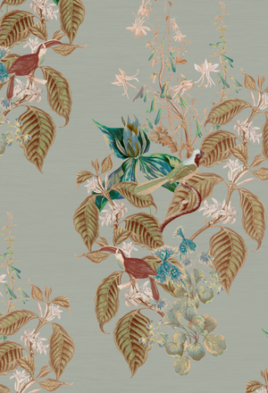 Aviary Isle wallpaper by Deus ex Gardenia in pale blue, flat sample of birds among island flowers