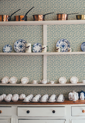 Edera wallpaper by Deus ex Gardenia in pale blue, trailing ivy leaves in a kitchen