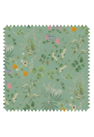 Little Eden linen by Deus ex Gardenia in sage green, pattern sample of lush leaves and fruit