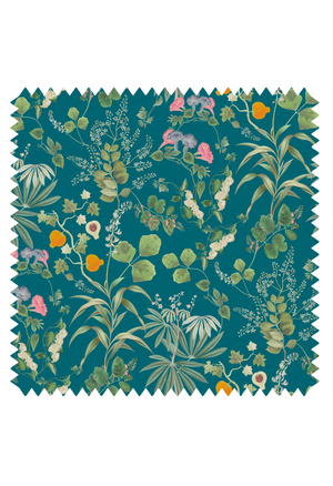 Little Eden linen by Deus ex Gardenia in teal, full repeat of lush leaves and fruit