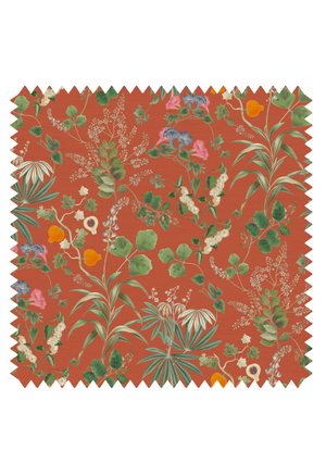 Little Eden linen by Deus ex Gardenia in orange, flat sample of lush leaves and fruit