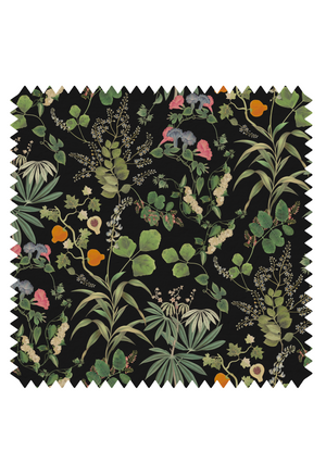 Little Eden linen by Deus ex Gardenia in black, pattern sample of lush leaves and fruit