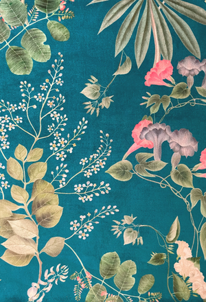 Little Eden velvet by Deus ex Gardenia in teal, in soft folds showing lush leaves and fruit
