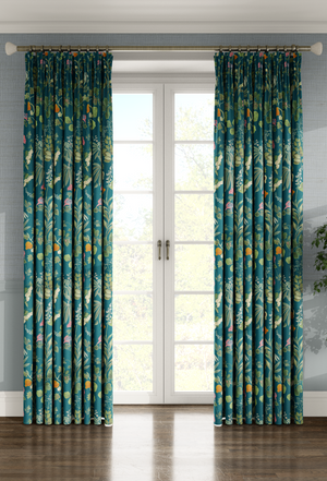 Little Eden linen by Deus ex Gardenia in teal, lush leaves and fruit made into curtains