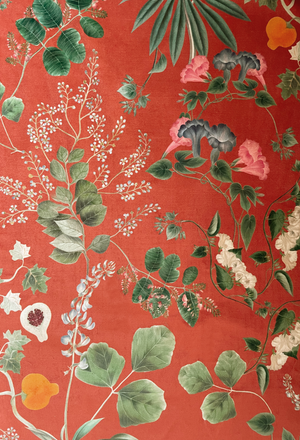 Little Eden velvet by Deus ex Gardenia in orange, flat sample of lush leaves and fruit