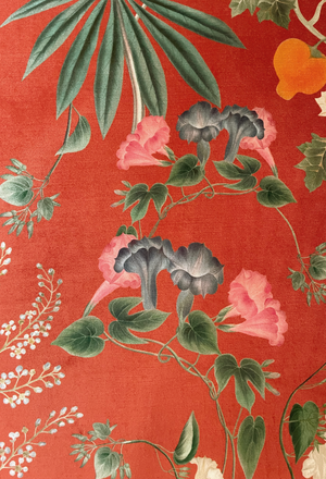 Little Eden velvet by Deus ex Gardenia in orange, in soft folds showing lush leaves and fruit