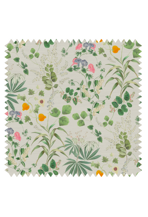 Little Eden velvet by Deus ex Gardenia in cream and green, flat sample of lush leaves and fruit