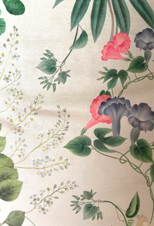 Little Eden velvet by Deus ex Gardenia in cream and green, in soft folds showing lush leaves and fruit