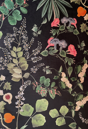 Little Eden velvet by Deus ex Gardenia in black, in soft folds showing lush leaves and fruit