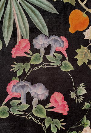 Little Eden velvet by Deus ex Gardenia in black, draped, showing lush leaves and fruit