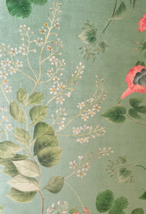 Little Eden velvet by Deus ex Gardenia in sage green, in soft folds showing lush leaves and fruit