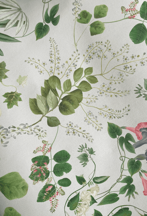 Little Eden wallpaper by Deus ex Gardenia in cream and green, pattern sample of lush leaves and fruit (alternate view)