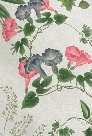 Little Eden wallpaper by Deus ex Gardenia in cream and green, detail of lush leaves and fruit