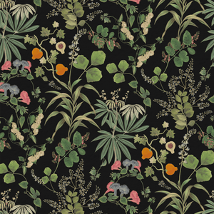 Little Eden wallpaper by Deus ex Gardenia in black, full repeat of lush leaves and fruit